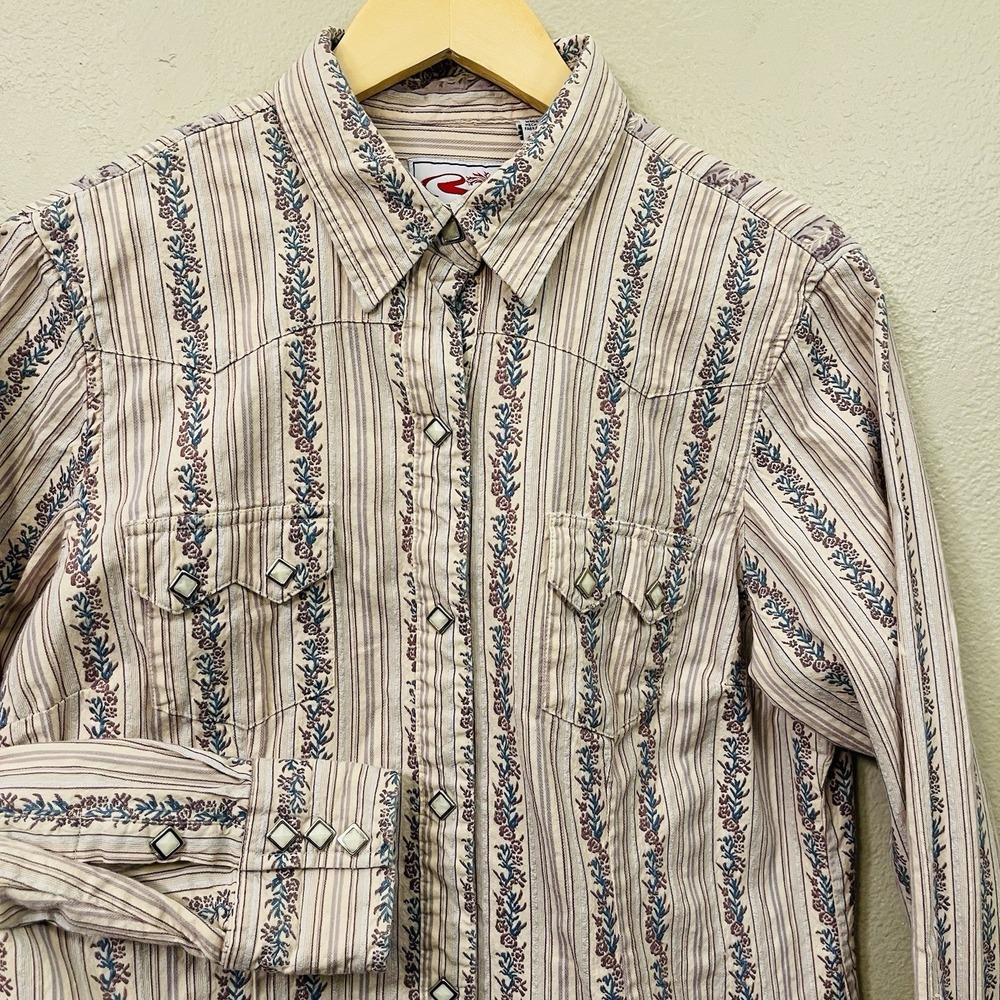 Roper Women's Embroidered Western Shirt Stripe Floral Pearl Snap Prairie Sz L